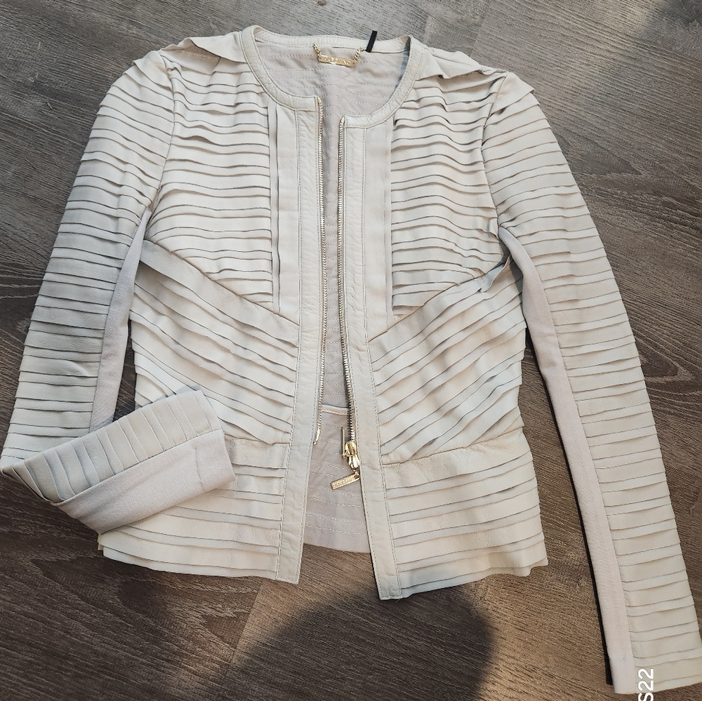 Marciano Cream Leather Jacket with Ruched Texture